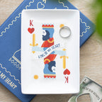 Playing card design  trinket plate with 'King of My Heart' text on a white card, placed on a blue mat.