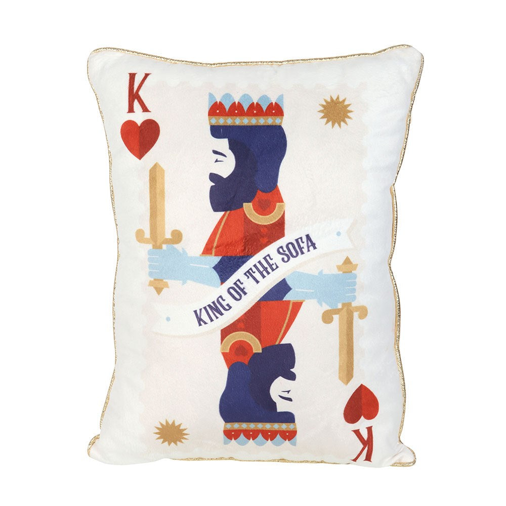 Decorative pillow with a king design and 'King of the Sofa' text on a white background