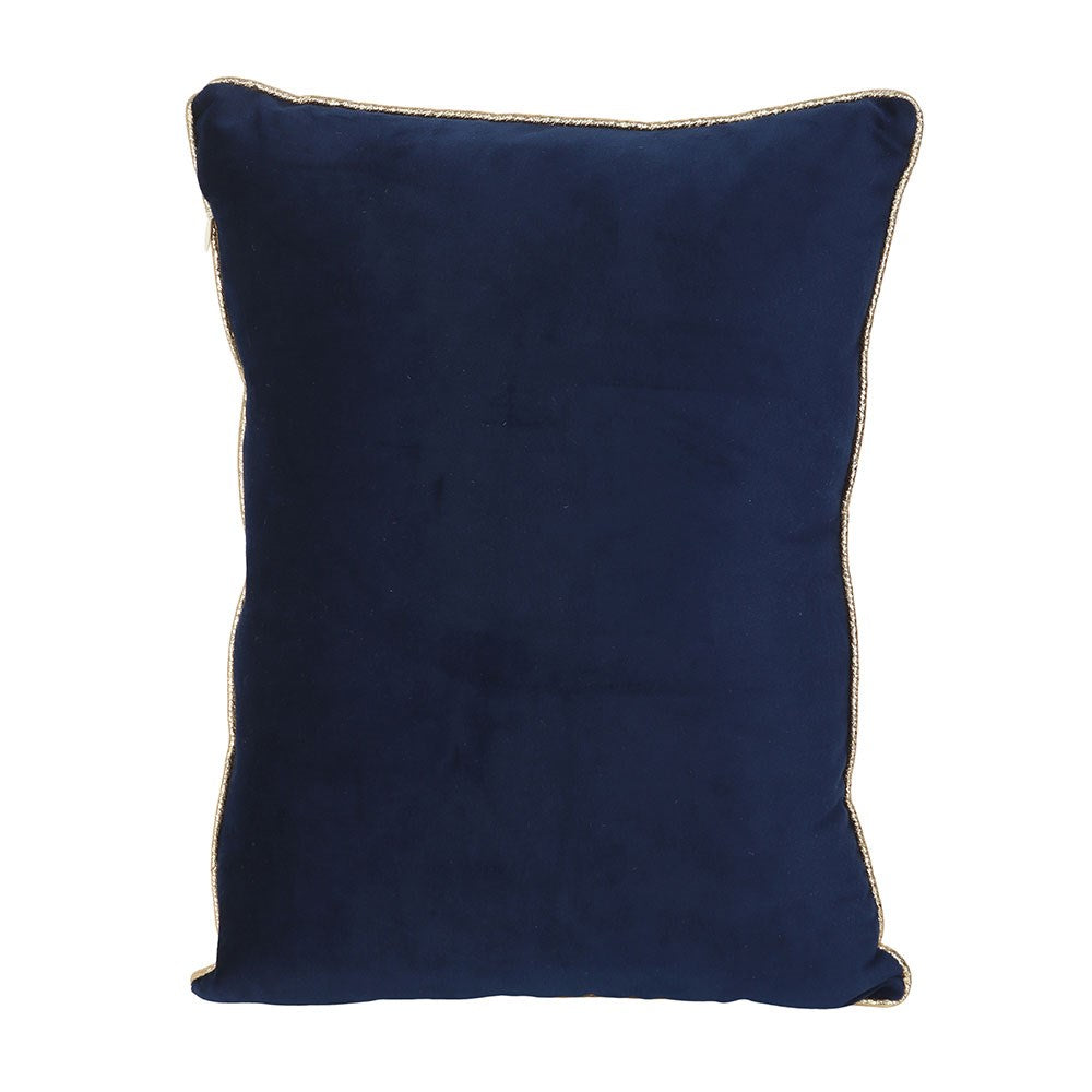 Navy blue pillow back with gold trim on a white background 
