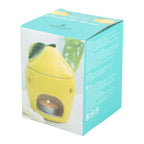 Yellow lemon-shaped oil burner in a teal box with 'Elegant' branding.
