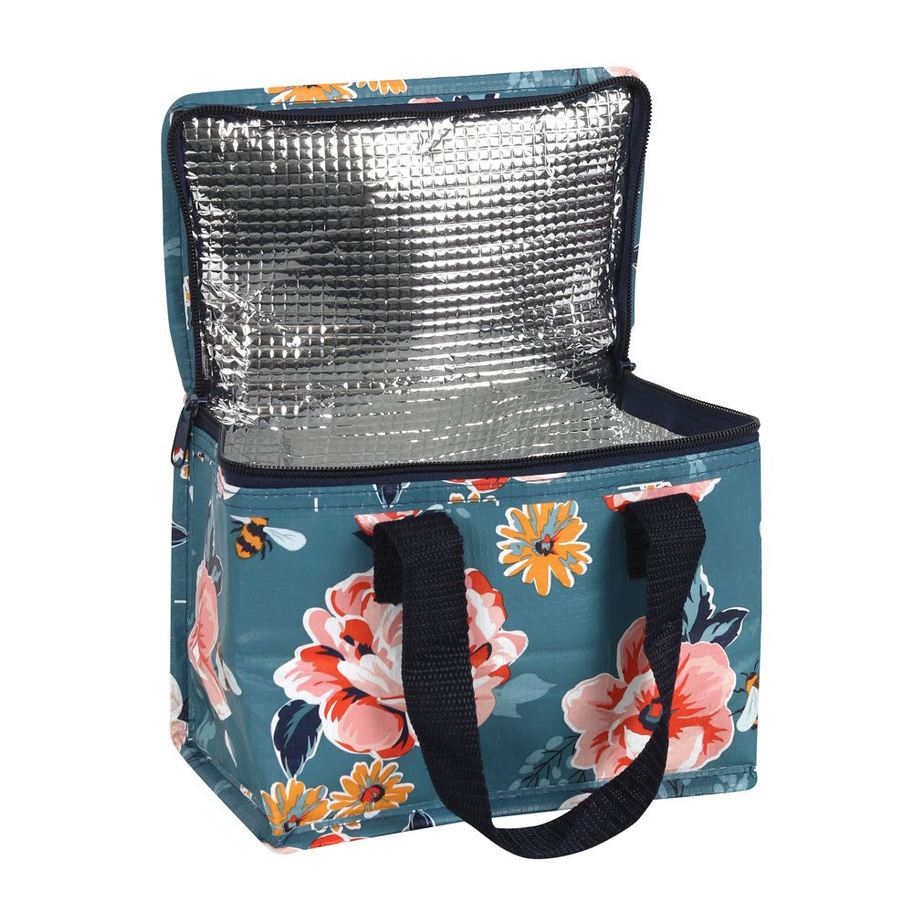 Floral and bee patterned cooler bag with a navy handle on a white background