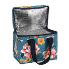 Floral and bee patterned cooler bag with a navy handle on a white background