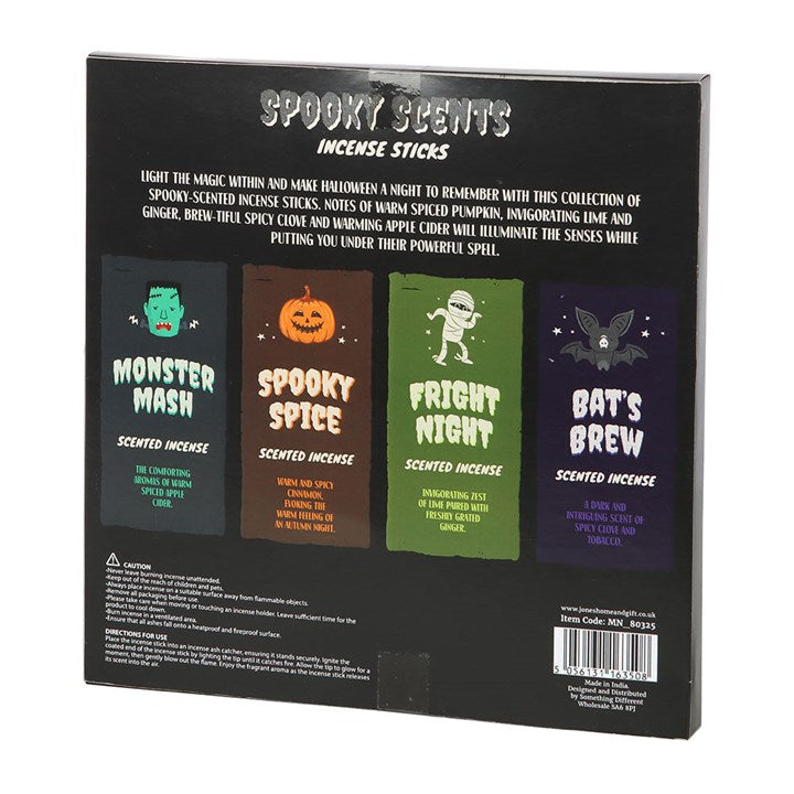 Spooky Scents incense sticks packaging with product names and images on a black background