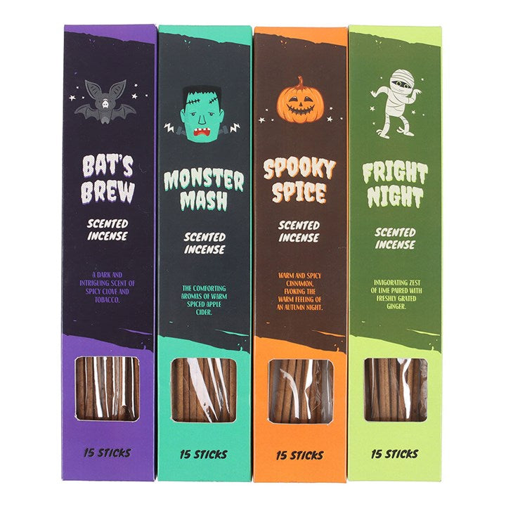 Four Halloween-themed scented incense packages with colorful labels and illustrations.