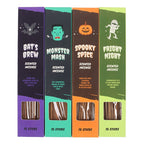 Four Halloween-themed scented incense packages with colorful labels and illustrations.