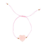 Pink heart-shaped rose quartz bracelet with gold accents on a white background