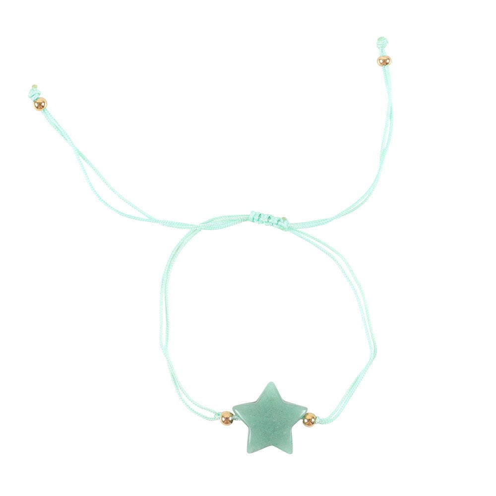 Bracelet with a star-shaped stone on a light blue cord against a white background