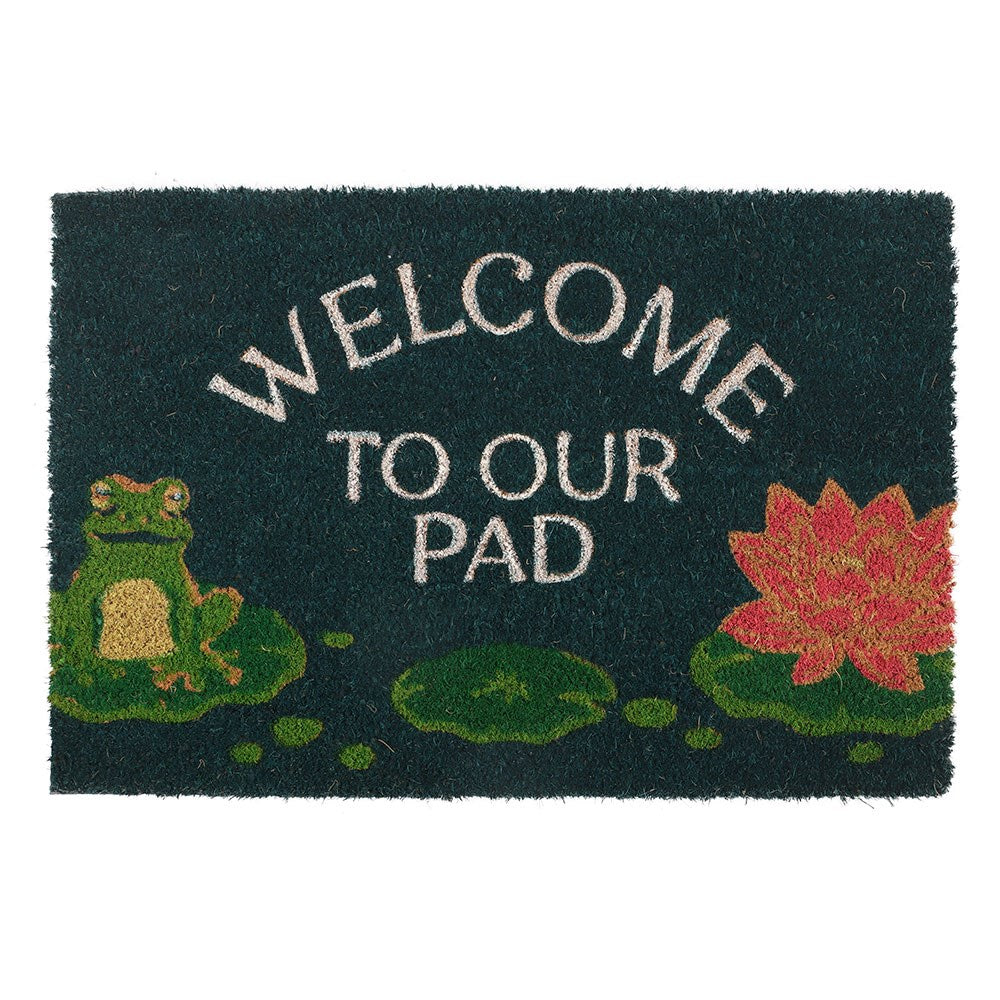 Doormat with a frog and water lily design and 'Welcome to our pad' text.