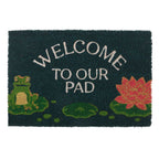 Doormat with a frog and water lily design and 'Welcome to our pad' text.