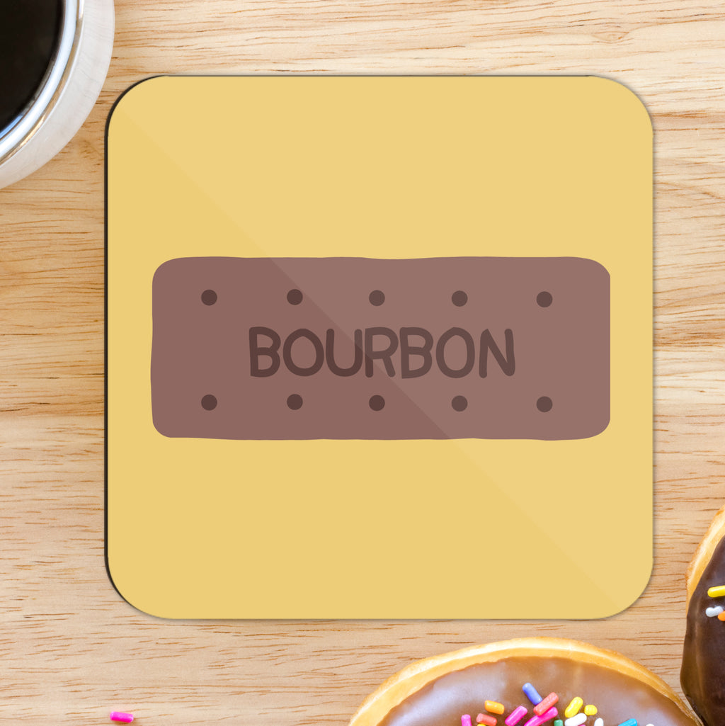 A square coaster with a 'Bourbon' text and a graphic