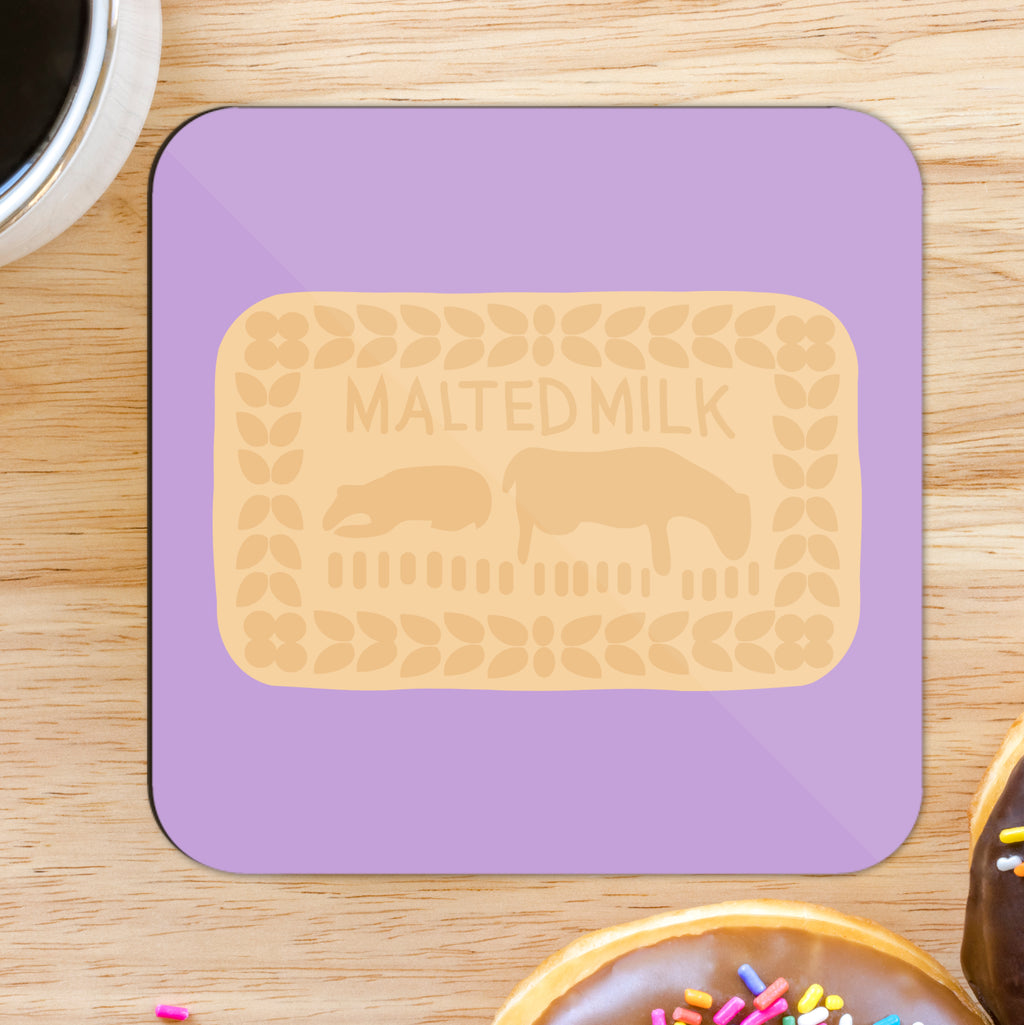 A square coaster with a glossy finish, predominantly purple in color with a depiction of a malted milk biscuit