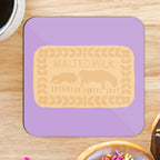 A square coaster with a glossy finish, predominantly purple in color with a depiction of a malted milk biscuit