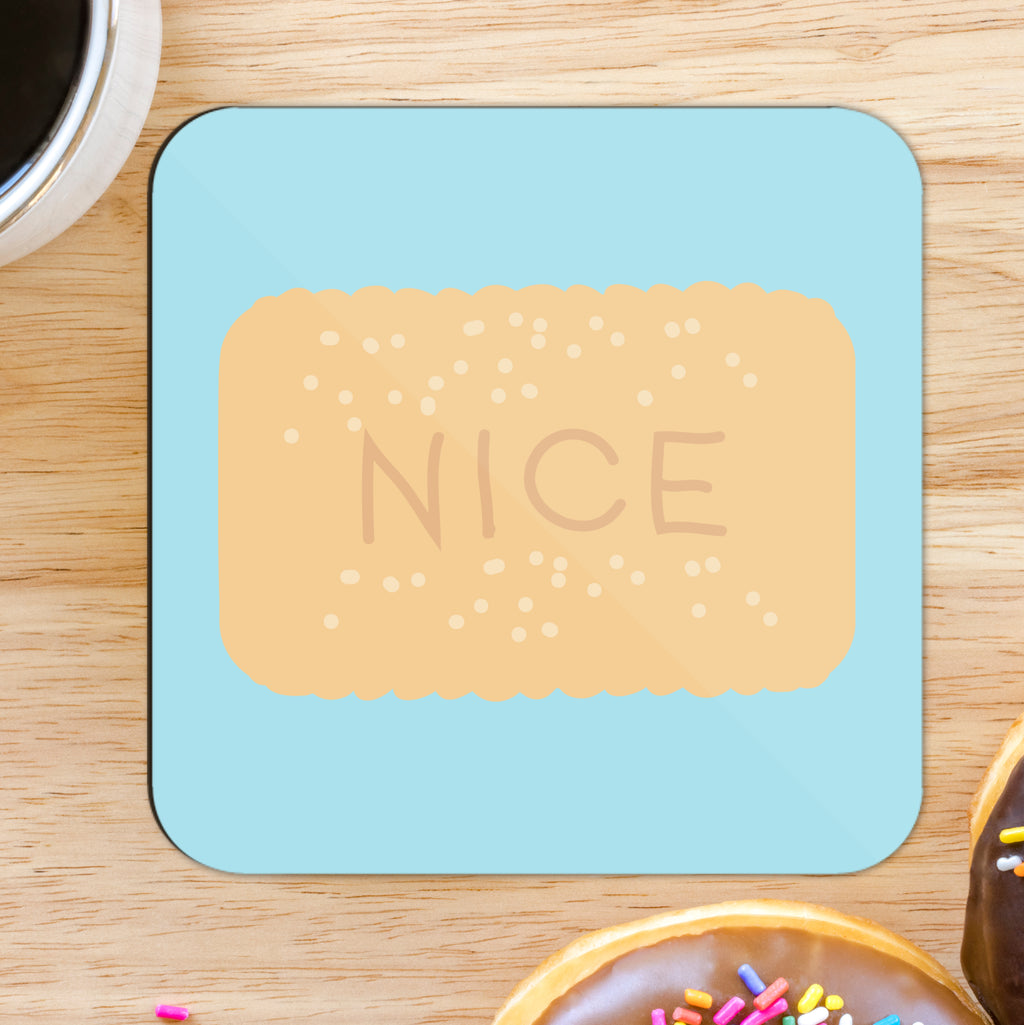 A square coaster with a glossy finish, primarily blue in colour with a 'NICE' biscuit printed in a bold