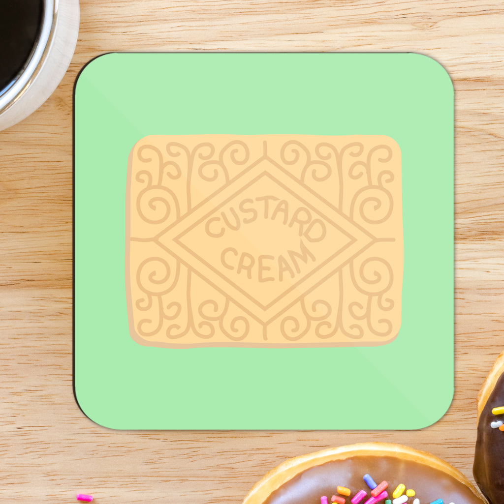 A square coaster with a custard cream design