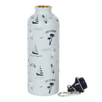 the lid off of the beach themed water bottle that's pastel blue coloured with surfboards and sail boats on it