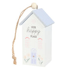 Decorative hanging house with 'Our happy place' text on a white background