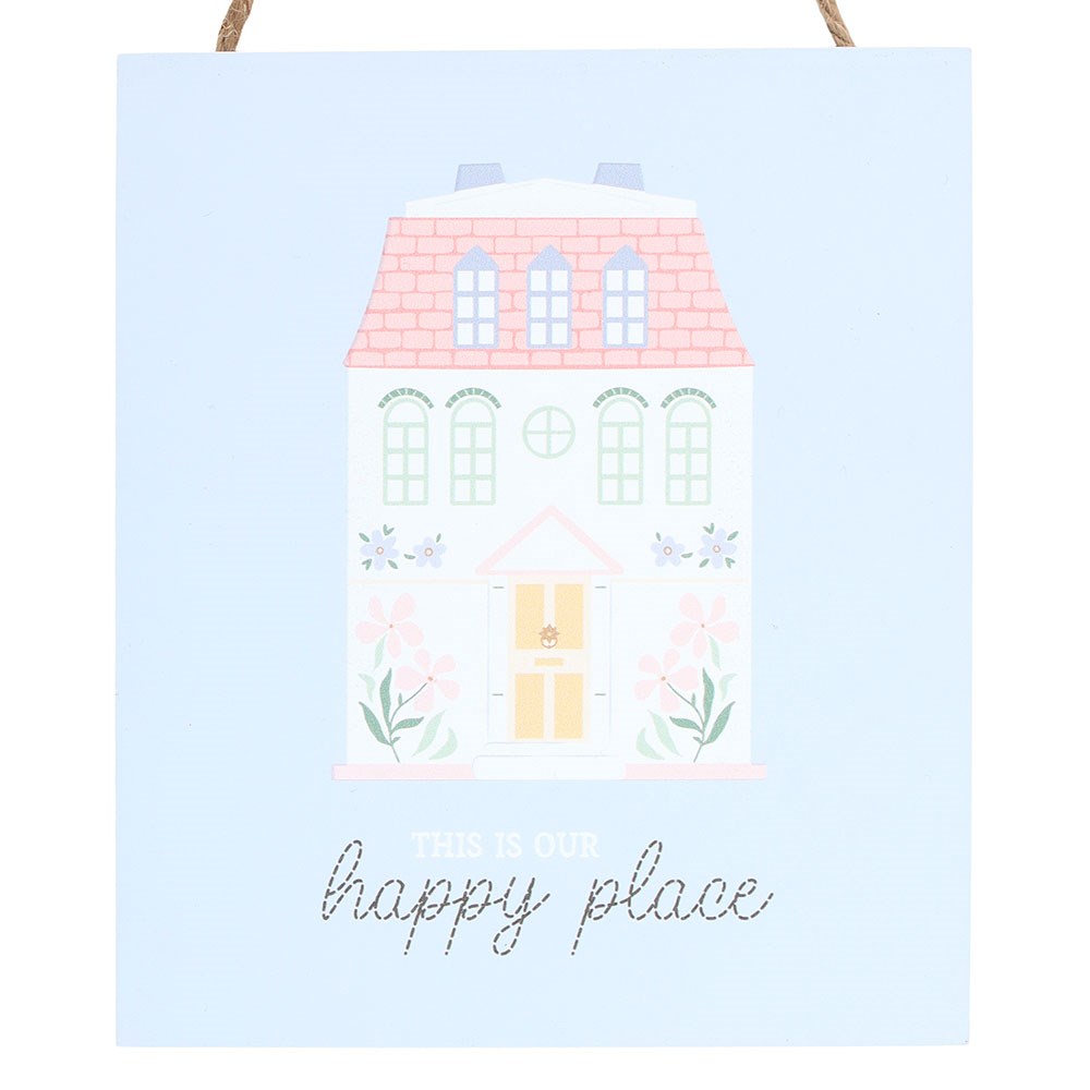 hanging sign with an Illustration of a house with 'this is our happy place' text on a lilac background