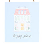 hanging sign with an Illustration of a house with 'this is our happy place' text on a lilac background
