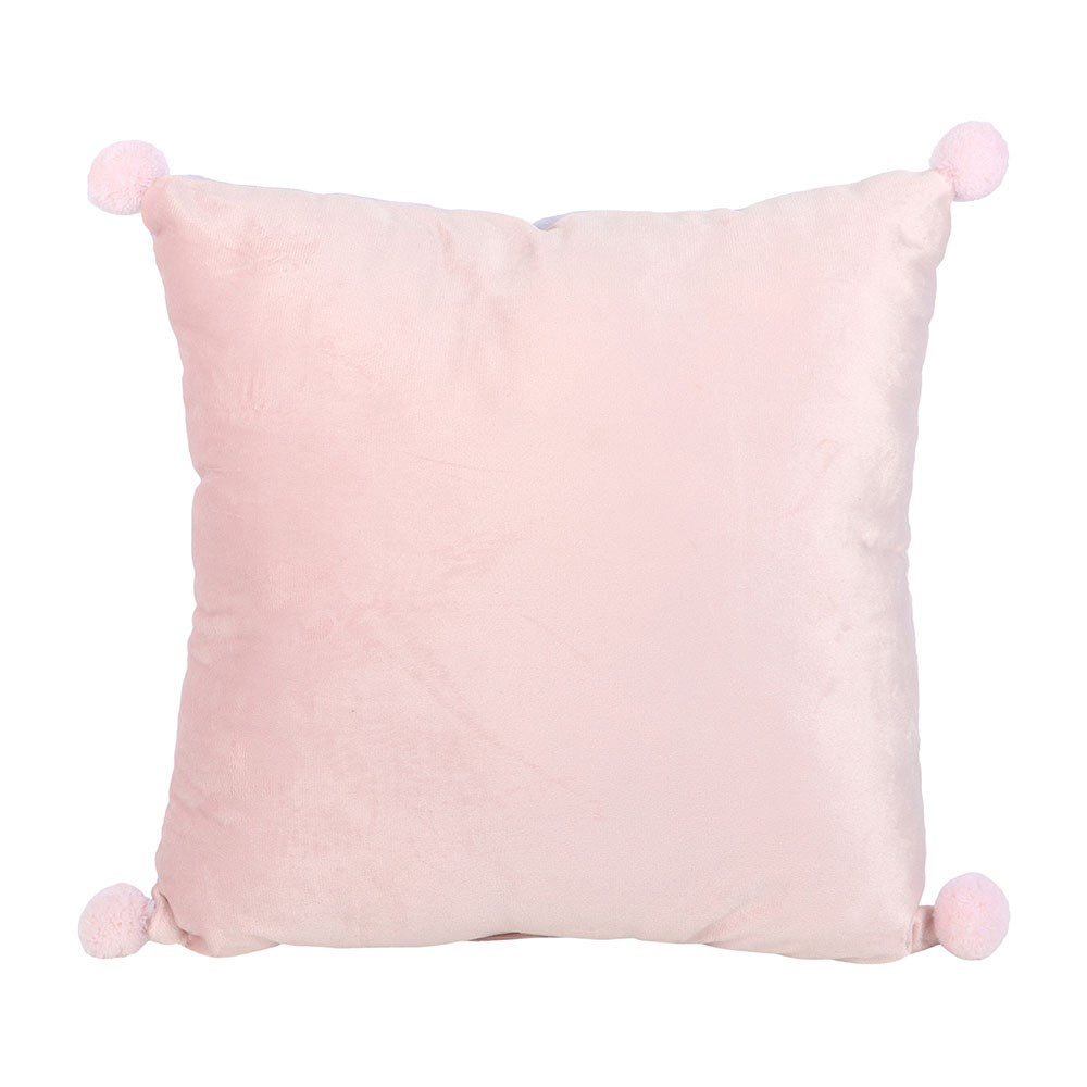 reverse of this is our happy place cushion in pink