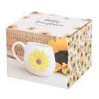 White mug with sunflower design in a decorative box