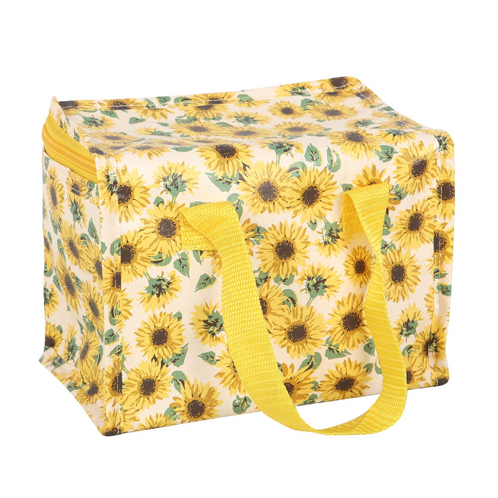 insulated lunch bag with sunflower pattern and yellow handles on a white background