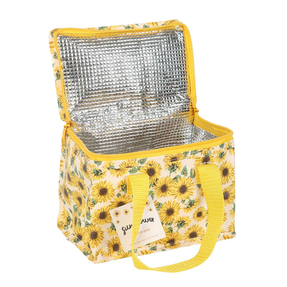 Yellow sunflower insulated cooler bag with a visible brand label on a white background