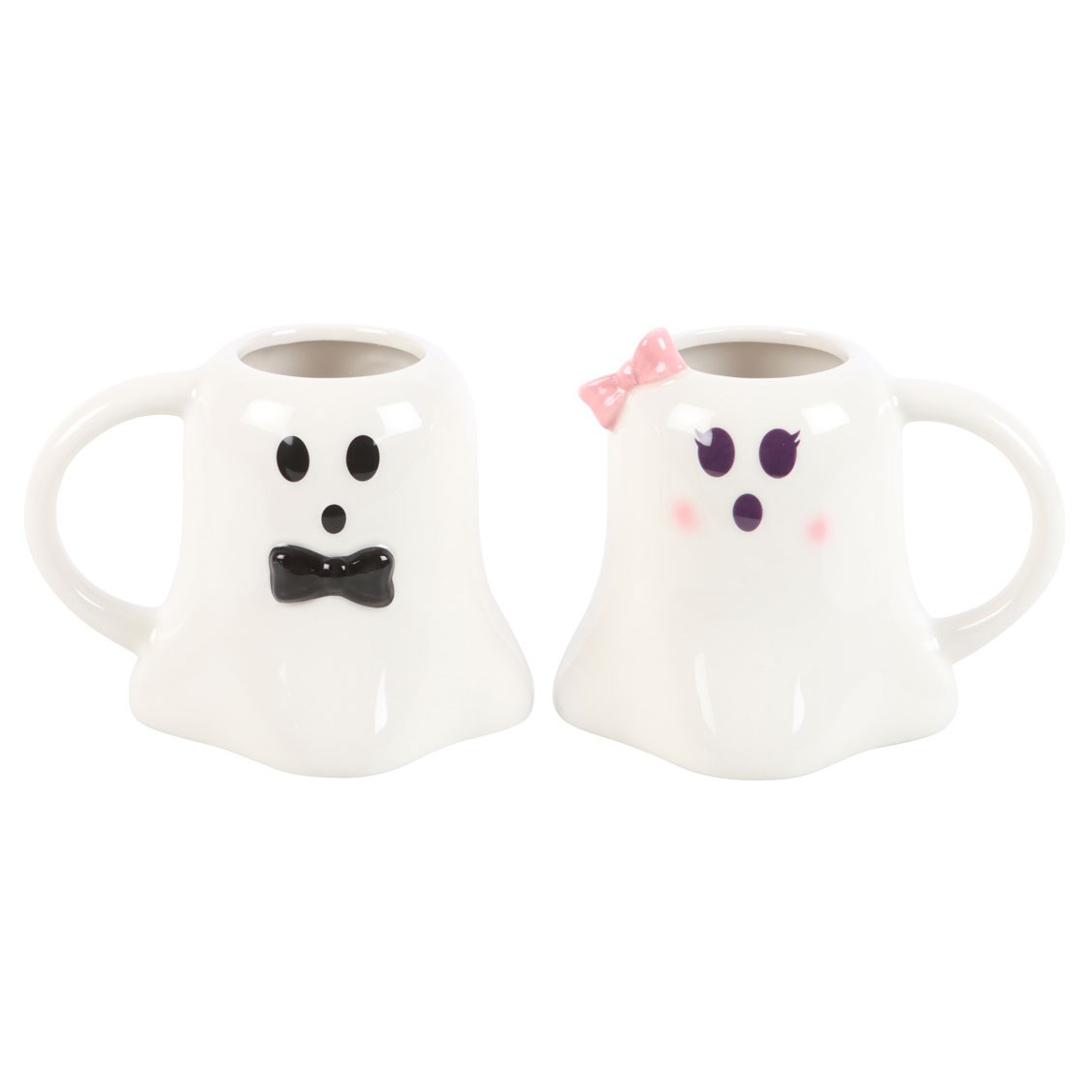 Two ghost-shaped mugs, one with a bow tie and the other with a pink bow, on a white background.
