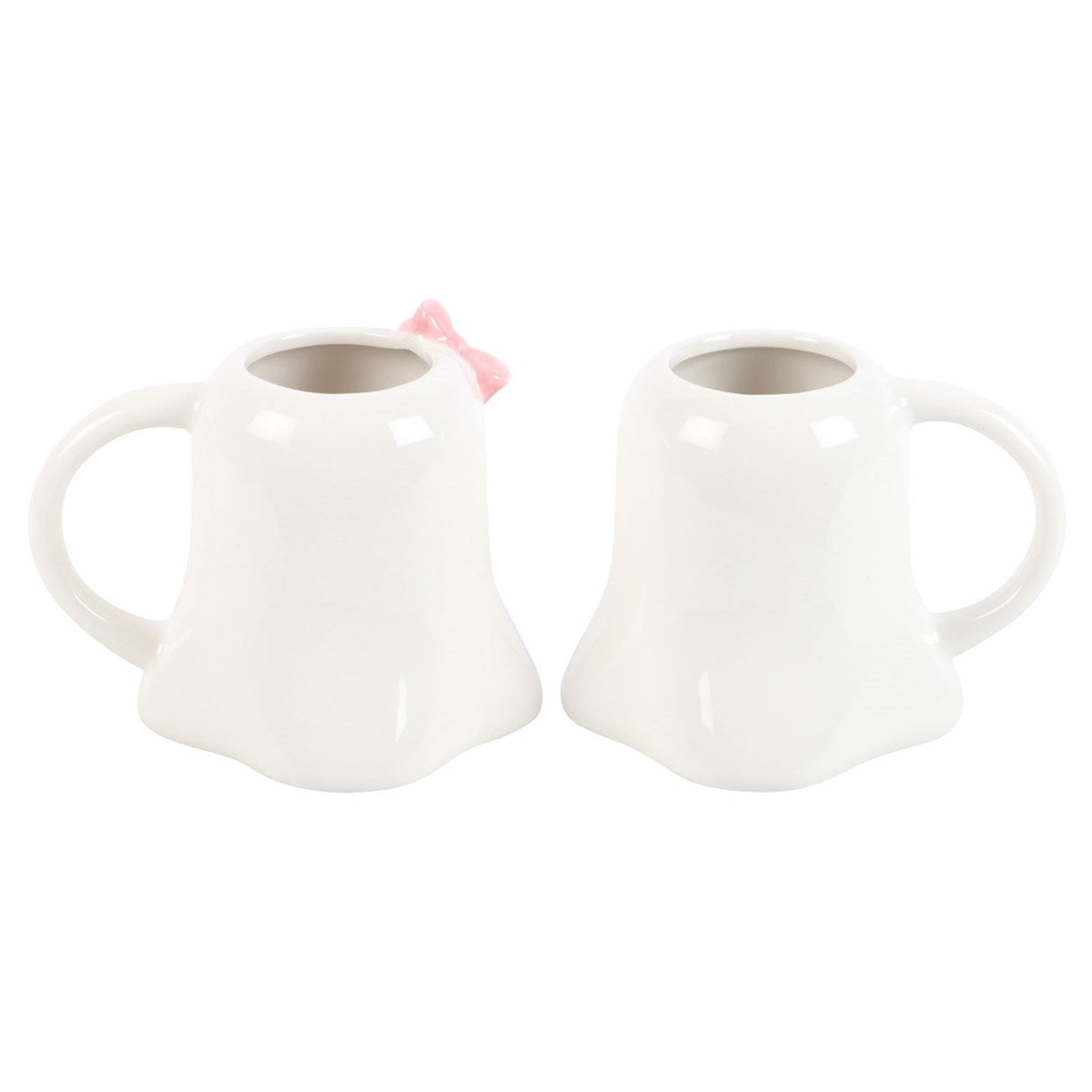 Two white ghost shaped ceramic mugs on a white background
