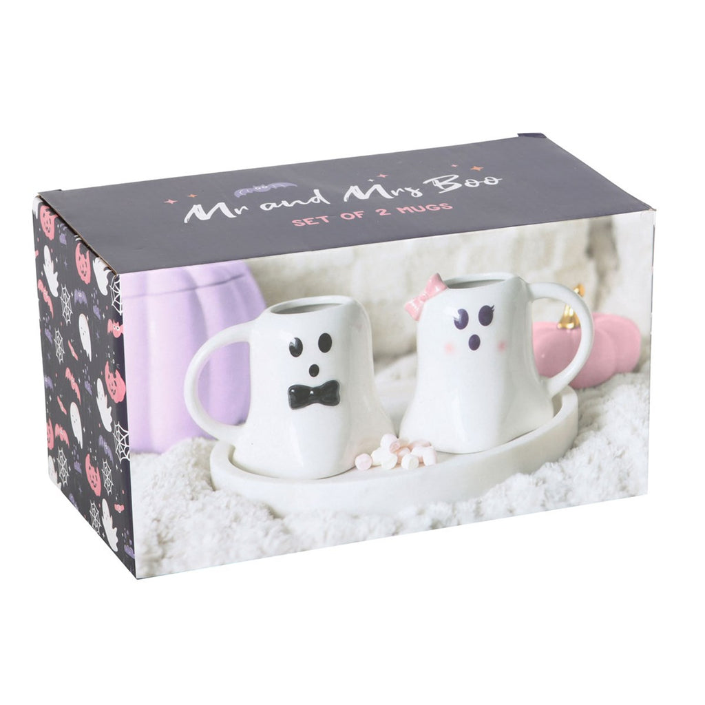Set of two ghost-shaped mugs in a decorative box with 'Mr. and Mrs. Boo' text.