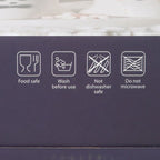 Instructions for a product on a label, including 'Food safe', 'Wash before use', 'Not dishwasher safe', and 'Do not microwave'.