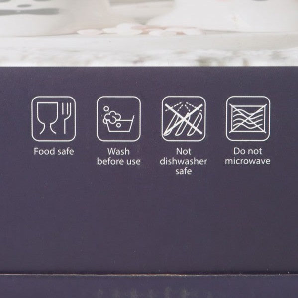 Instructions for a product on a label, including 'Food safe', 'Wash before use', 'Not dishwasher safe', and 'Do not microwave'.