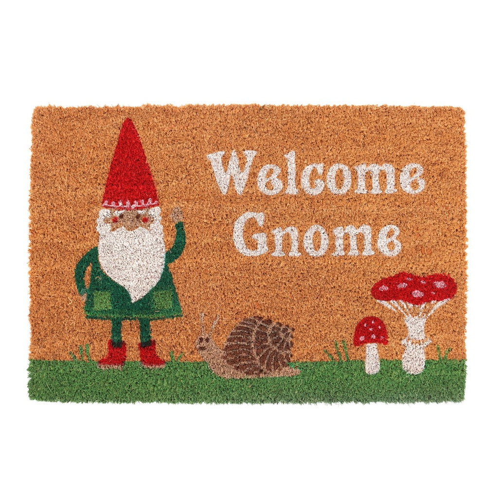 Doormat with a gnome, snail, and mushrooms on a coir brown background