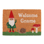 Doormat with a gnome, snail, and mushrooms on a coir brown background