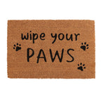 Coir doormat with 'wipe your paws' text and paw prints on a natural brown background