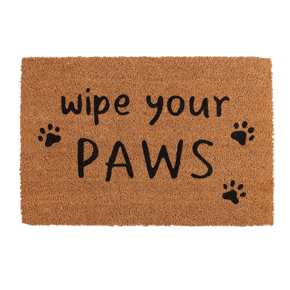 Coir doormat with 'wipe your paws' text and paw prints on a natural brown background