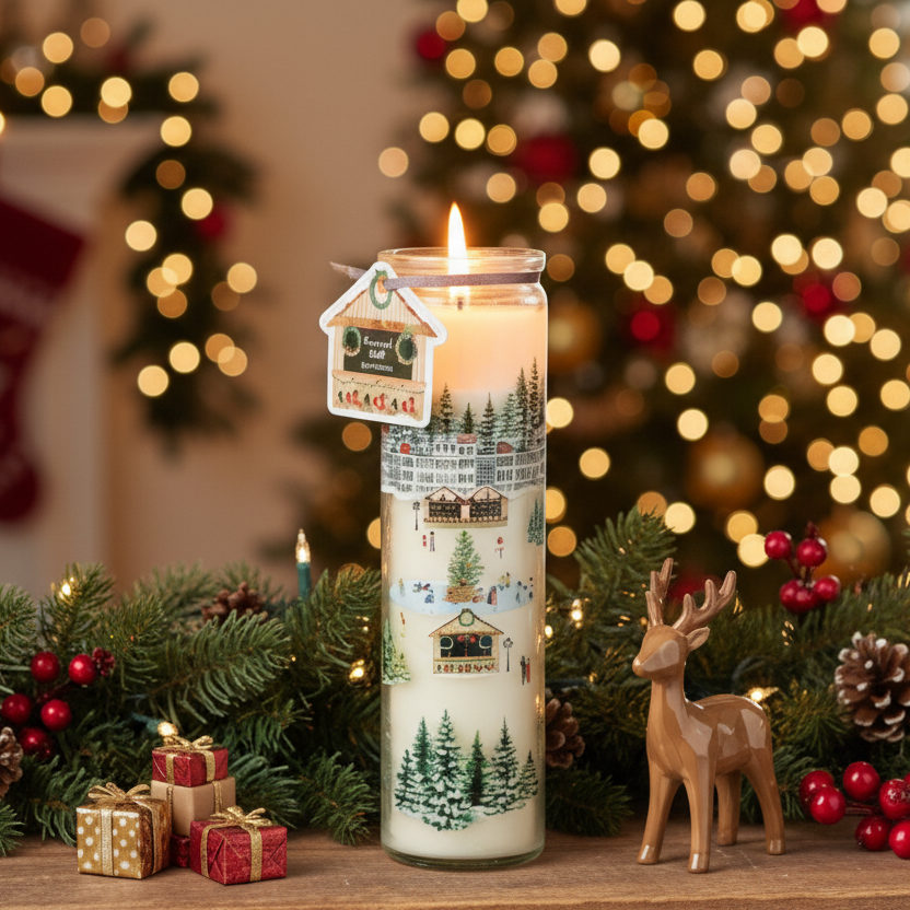 Decorative candle with Christmas scene design on a table with festive background