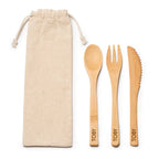 a bamboo knife, fork and spoon set engraved with name and carry pouch