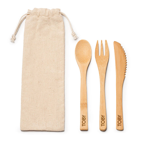 a bamboo knife, fork and spoon set engraved with name and carry pouch