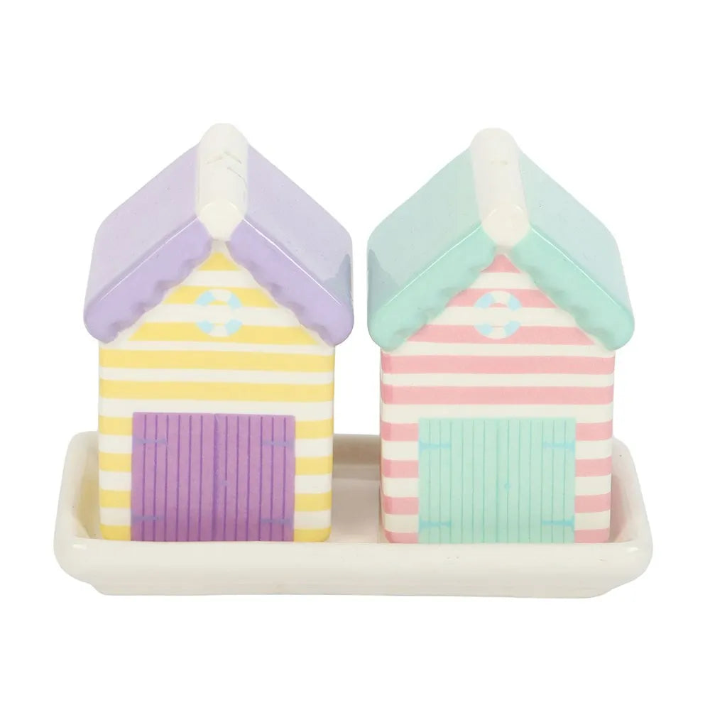 pastel beach hut salt and pepper shakers on white base