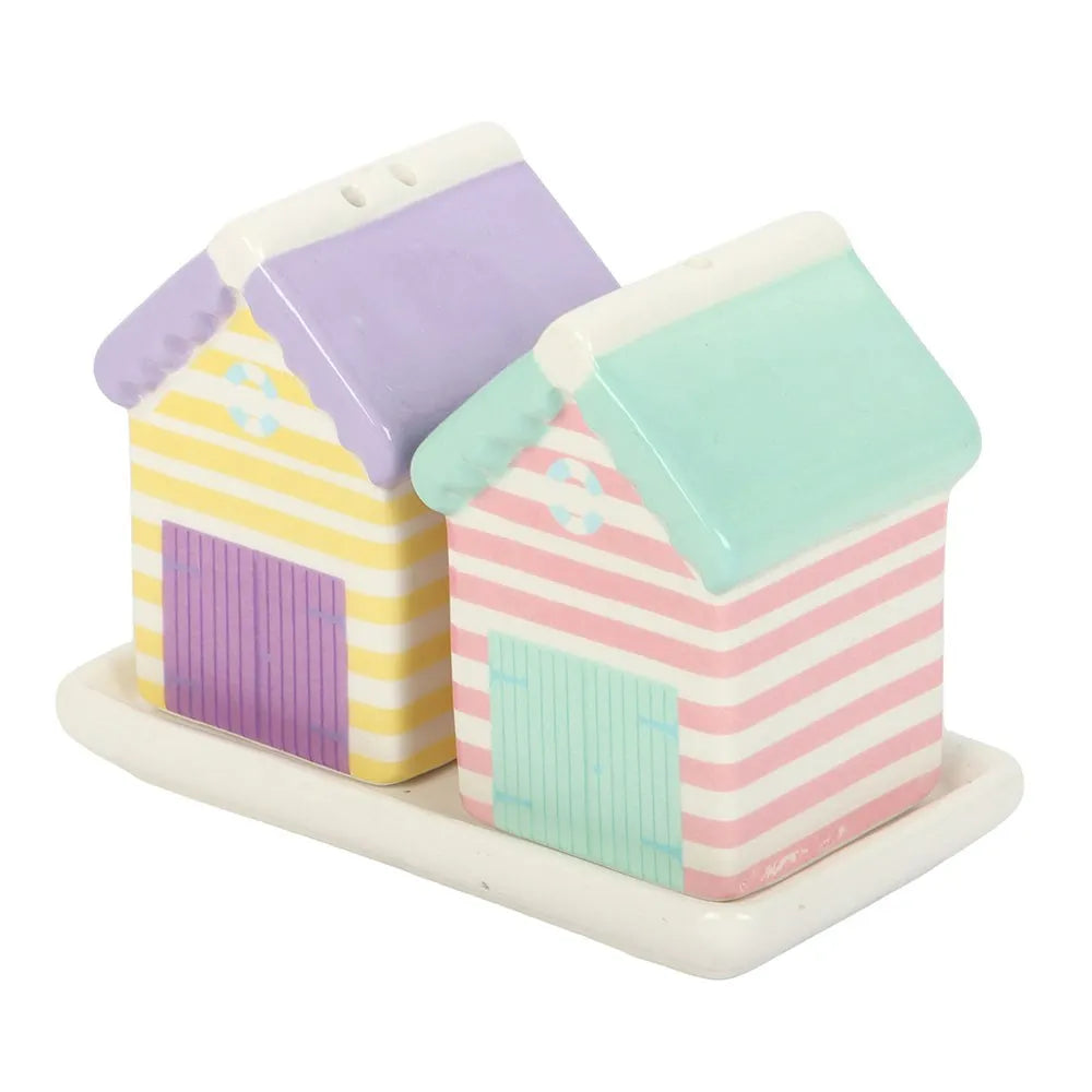 pastel beach hut salt and pepper shakers on white base