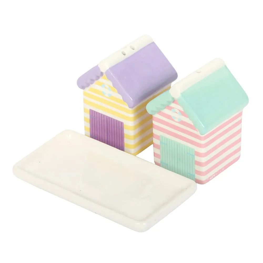 pastel beach hut salt and pepper shakers on white base