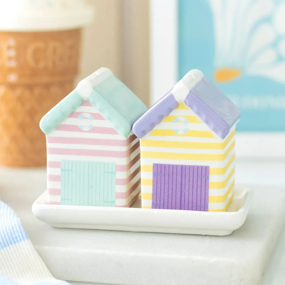 pastel beach hut salt and pepper shakers on white base