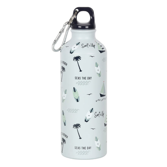 A pale blue metal water bottle with a print of palm trees and surfboards, along with the text 'Seas the day' and 'life's a beach'.