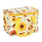 A rectangle-shaped insulated lunch bag with a cream-colored background and a vibrant sunflower and bee pattern. It features bright yellow handles and a yellow zipper, set against a plain white background.