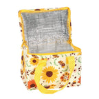 Insulated lunch bag with sunflower design on a white background