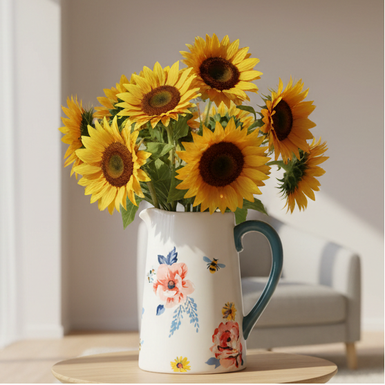 Ceramic jug vase with floral design and blue handle on a white background