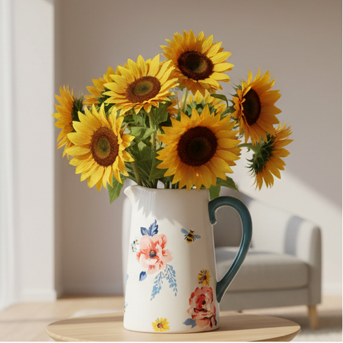 Ceramic jug vase with floral design and blue handle on a white background