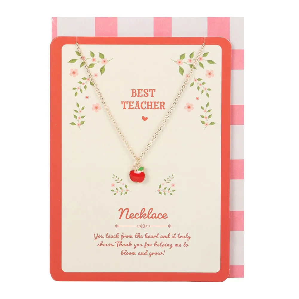 Necklace with an apple charm on a greeting card with text, against a white background.