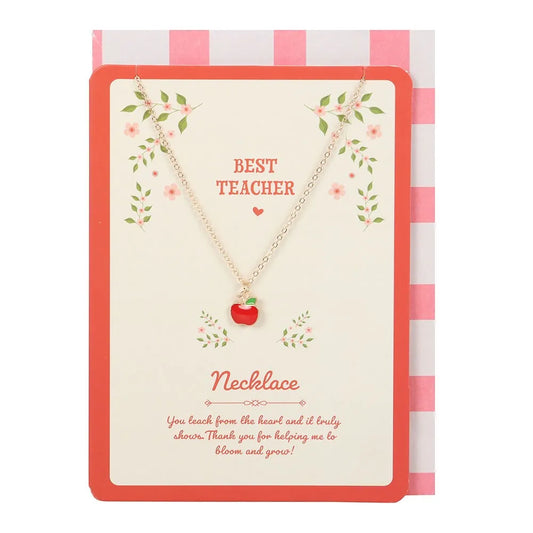 Necklace with an apple charm on a greeting card with text, against a white background.