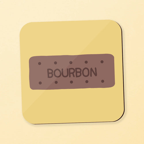 A square coaster featuring a bourbon biscuit on a yellow background